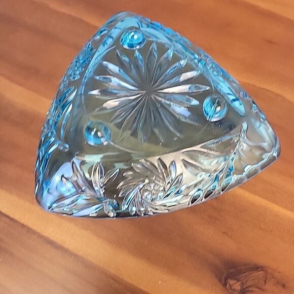 Vintage Hazel‎ Atlas Capri Blue Glass Pinwheel Triangle Lidded Candy Dish MCM - Picture 9 of 11